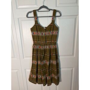 Vintage Coco California Olive Brown Multi Color Stripe Button Front Sun Dress